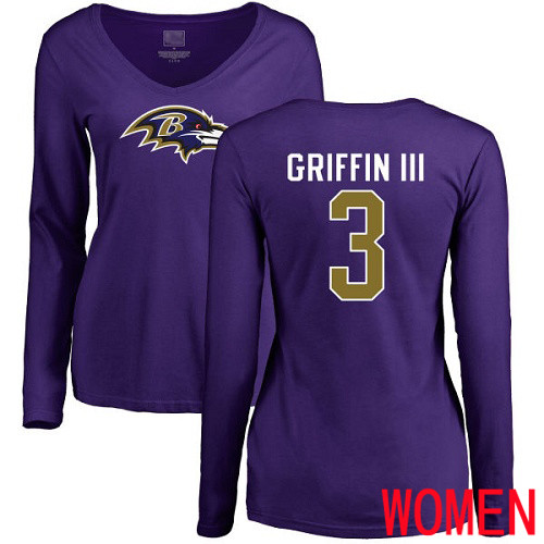 Baltimore Ravens Purple Women Robert Griffin III Name and Number Logo NFL Football #3 Long Sleeve T Shirt->nfl t-shirts->Sports Accessory